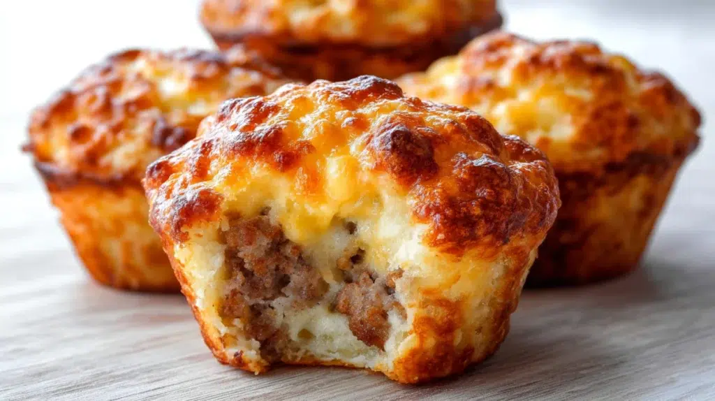 Cheesy sausage muffins baked with savory sausage, melted cheese, and fluffy golden muffin batter