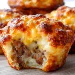 Cheesy sausage muffins baked with savory sausage, melted cheese, and fluffy golden muffin batter