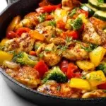 Chicken and Vegetables Skillet with juicy chicken, colorful bell peppers, zucchini, and onions
