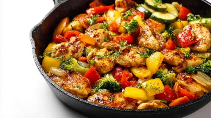Chicken and Vegetables Skillet with juicy chicken, colorful bell peppers, zucchini, and onions