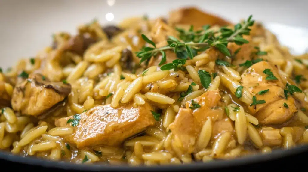 Creamy chicken marsala orzo with tender chicken, mushrooms, and rich marsala sauce