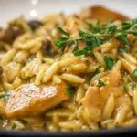 Creamy chicken marsala orzo with tender chicken, mushrooms, and rich marsala sauce