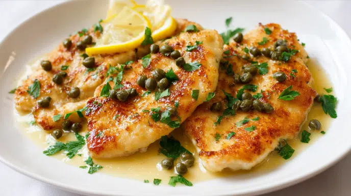 Chicken Piccata with lemon butter sauce, capers, and tender pan-seared chicken breasts