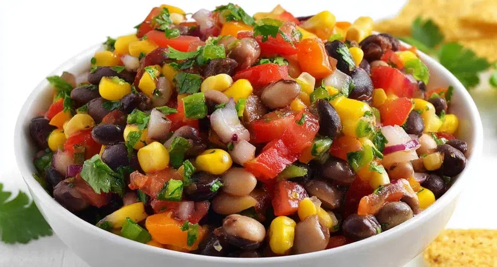 Colorful cowboy caviar made with black beans, corn, tomatoes, avocado, and fresh herbs
