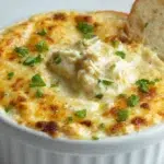 Creamy hot crab dip baked with melted cheese and tender crab meat, served with crackers