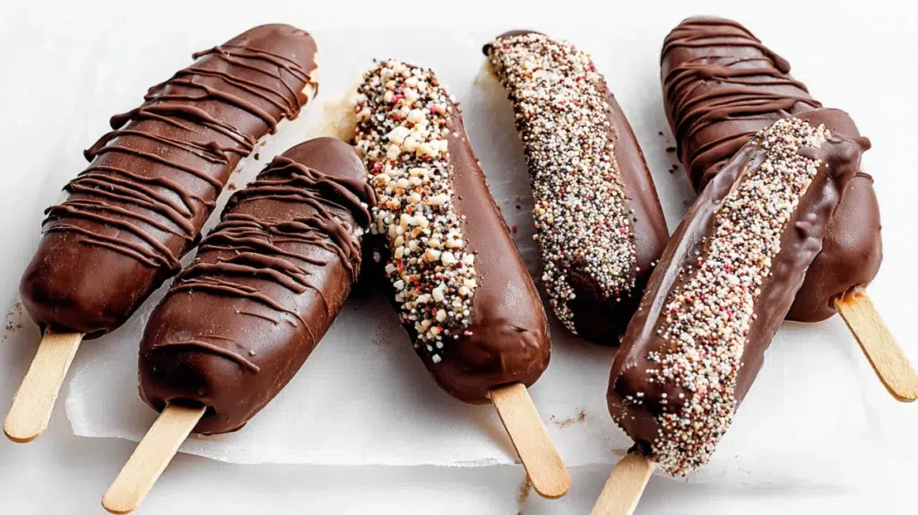 Frozen Chocolate Banana Pops made with ripe bananas dipped in rich chocolate and frozen into a sweet, creamy treat