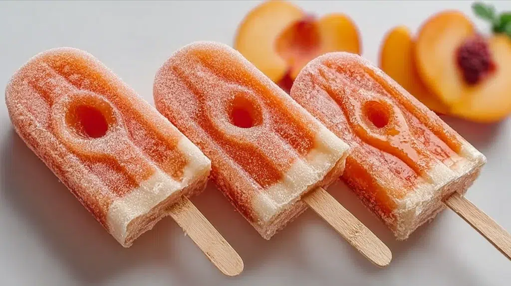 Frozen yogurt peach ring pops made with creamy yogurt and sweet peach rings, served as a refreshing frozen treat