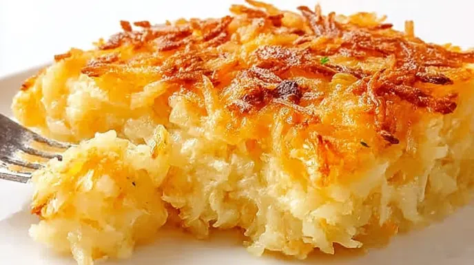 Creamy hashbrown casserole baked with melted cheddar cheese and crispy golden top