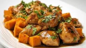 Honey garlic chicken with roasted sweet potatoes in a skillet, glazed with sticky honey garlic sauce