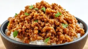 Honey garlic ground turkey cooked in a savory sweet sauce and served over rice