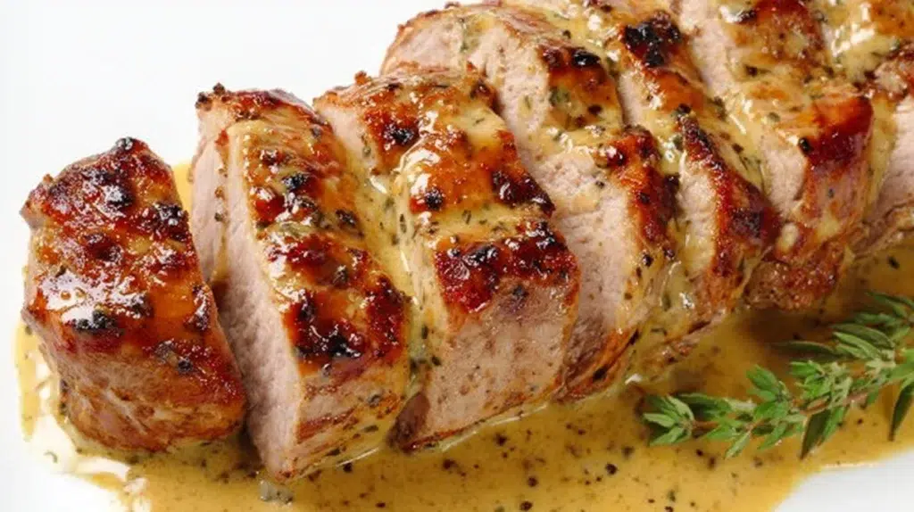 Honey mustard pork tenderloin glazed and roasted until juicy with a golden caramelized crust