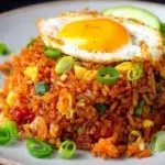 Indonesian fried rice with eggs, vegetables, and savory sauce, garnished with green onions.