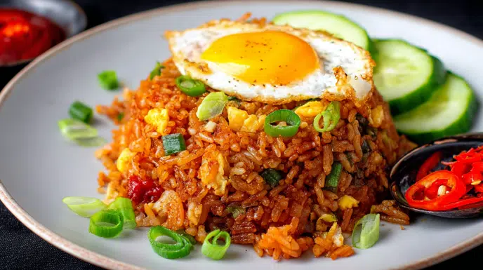 Indonesian fried rice with eggs, vegetables, and savory sauce, garnished with green onions.