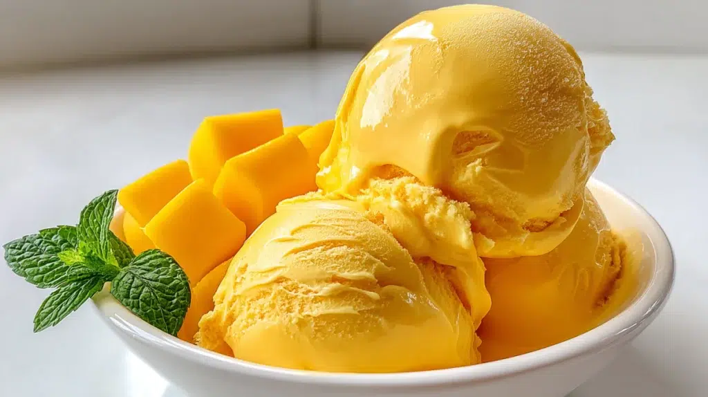 Mango Greek Frozen Yogurt made with creamy Greek yogurt and fresh mango, blended into a smooth and refreshing frozen dessert