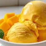 Mango Greek Frozen Yogurt made with creamy Greek yogurt and fresh mango, blended into a smooth and refreshing frozen dessert