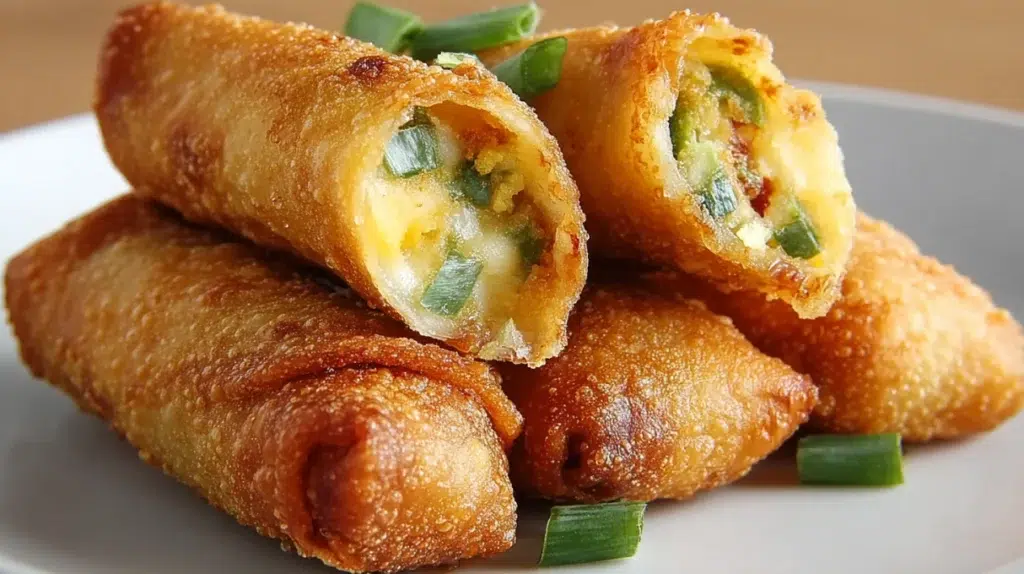 Mini jalapeño popper egg rolls filled with creamy cheese and spicy jalapeños, fried until golden and crispy