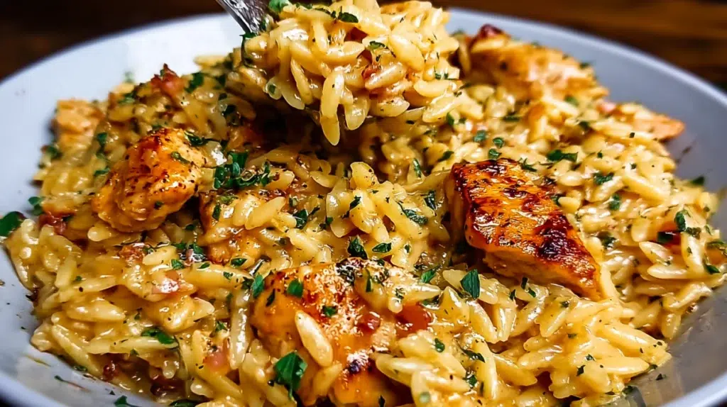 One Pot Cajun Chicken Alfredo Orzo with creamy sauce, tender chicken, and Cajun spices
