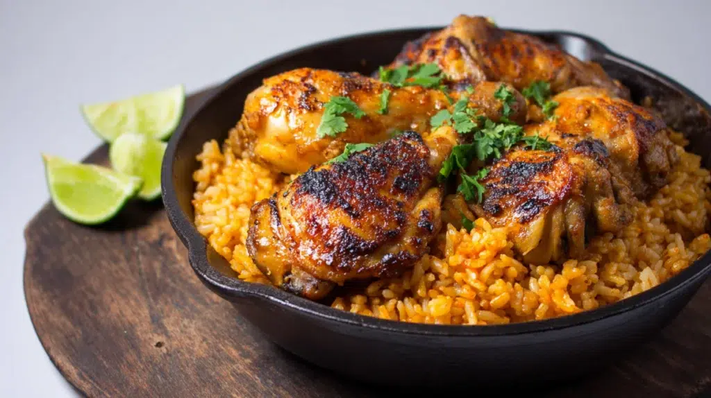 Peri peri chicken and rice served with juicy spiced chicken, fluffy rice, and vibrant peri peri sauce