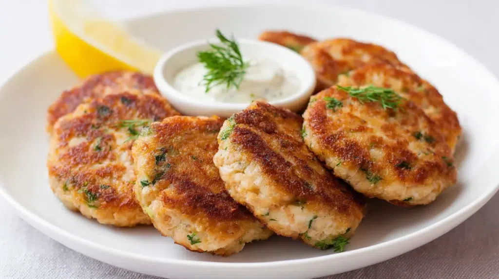 Golden crispy salmon patties served with fresh herbs and lemon slices