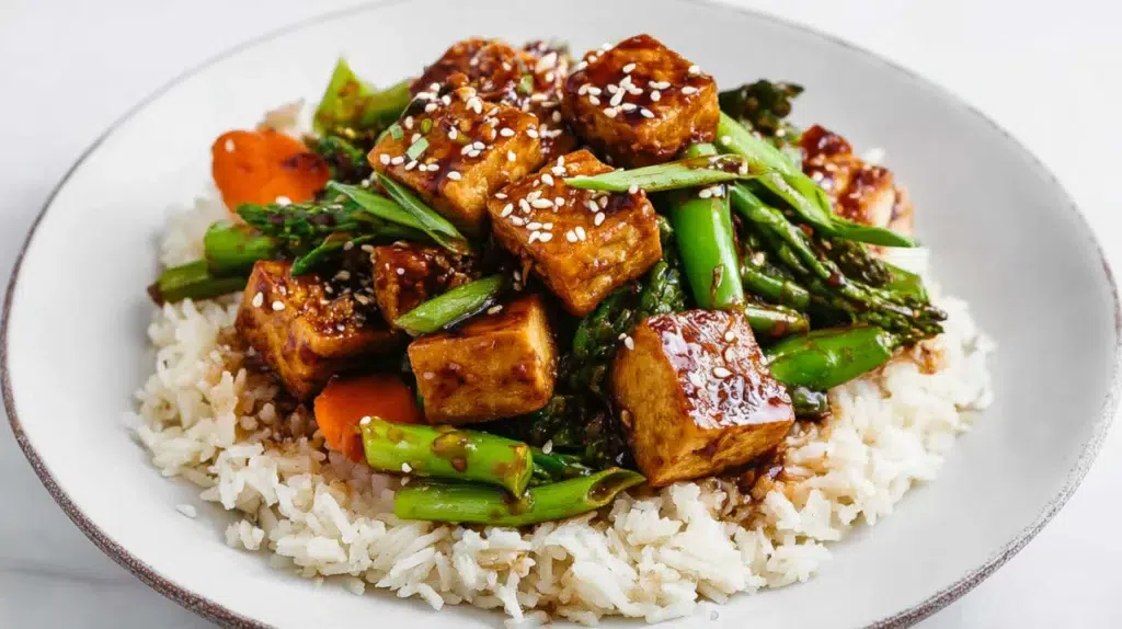 Sesame ginger tofu stir-fry with crispy tofu, mixed vegetables, and glossy sauce served over rice