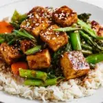 Sesame ginger tofu stir-fry with crispy tofu, mixed vegetables, and glossy sauce served over rice
