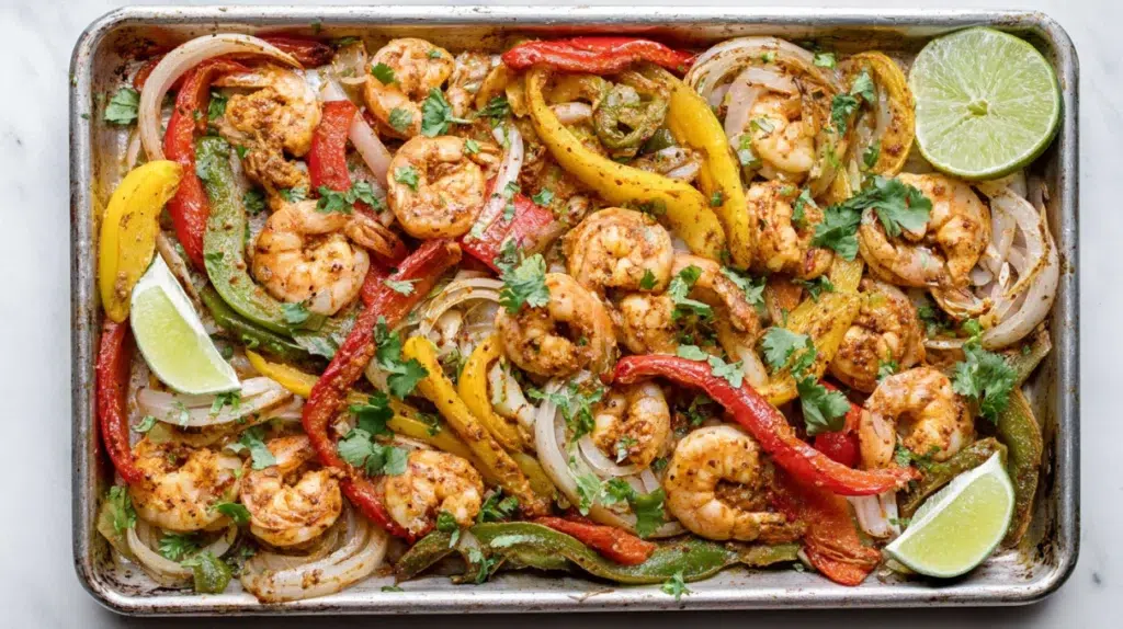 Sheet pan shrimp fajitas with bell peppers and onions served with warm tortillas
