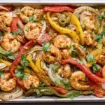 Sheet pan shrimp fajitas with bell peppers and onions served with warm tortillas