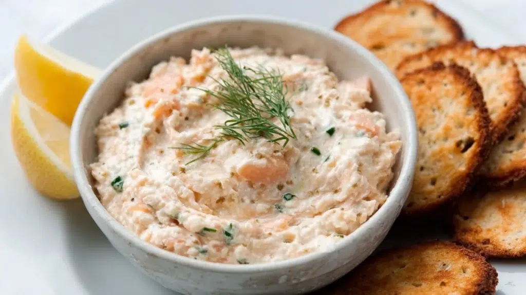 Smoked salmon dip served creamy with herbs and lemon, paired with crackers