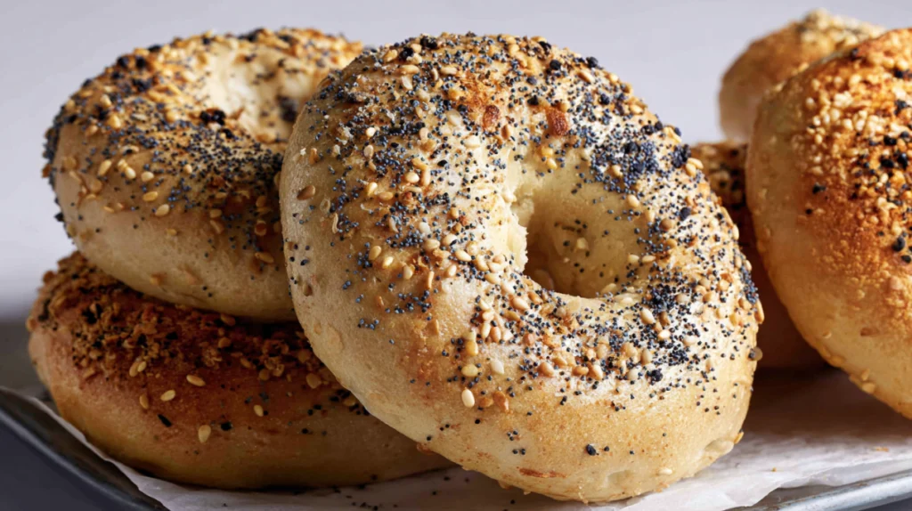 Sourdough discard bagels with a golden crust and chewy texture.