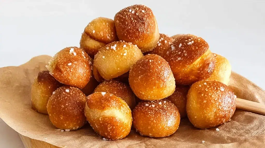 Golden sourdough discard pretzel bites sprinkled with coarse salt and served with dipping sauce