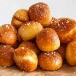 Golden sourdough discard pretzel bites sprinkled with coarse salt and served with dipping sauce