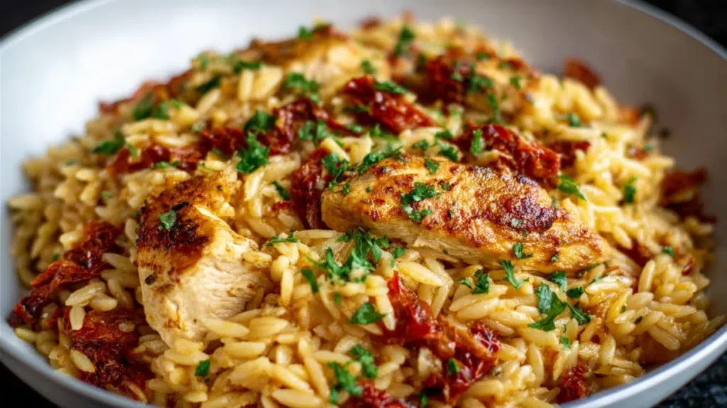Sun-dried tomato chicken orzo creamy pasta with tender chicken, orzo, and sun-dried tomatoes in a rich sauce