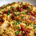 Sun-dried tomato chicken orzo creamy pasta with tender chicken, orzo, and sun-dried tomatoes in a rich sauce