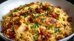 Sun-dried tomato chicken orzo creamy pasta with tender chicken, orzo, and sun-dried tomatoes in a rich sauce