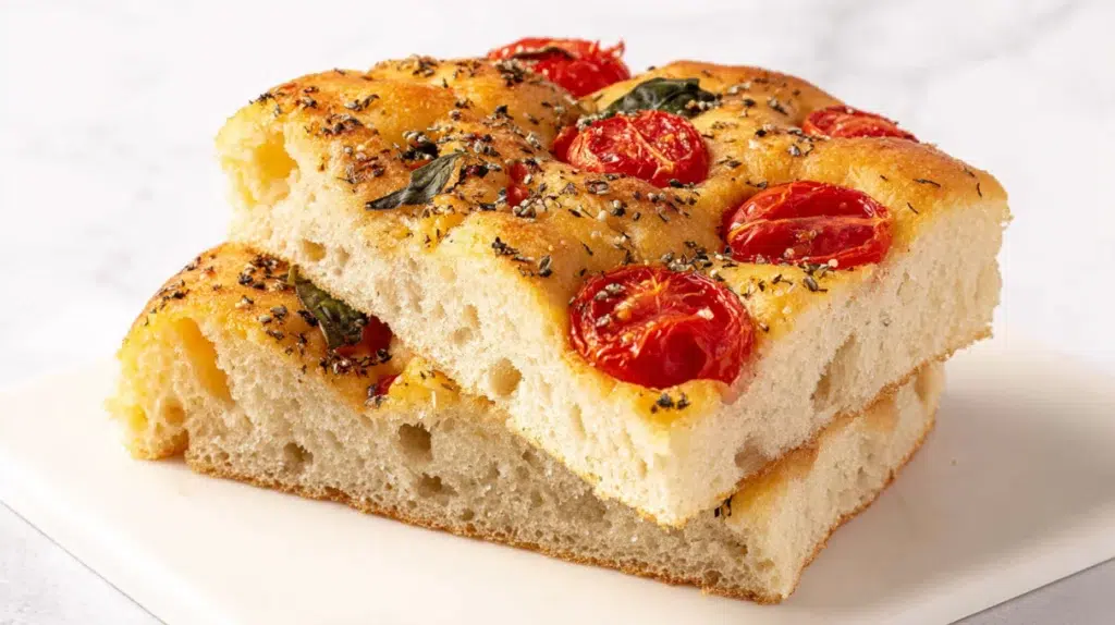 Homemade tomato basil focaccia bread topped with fresh cherry tomatoes, basil leaves, and olive oil