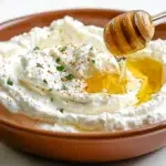 Creamy whipped feta dip drizzled with honey and served with bread or crackers