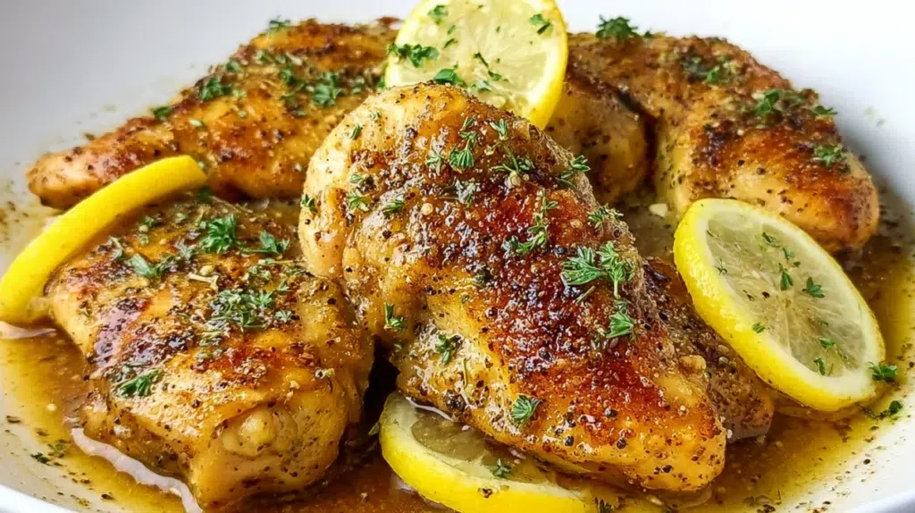 Juicy baked lemon pepper chicken with crispy golden skin and fresh lemon slices