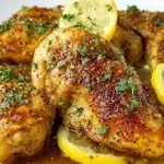 Juicy baked lemon pepper chicken with crispy golden skin and fresh lemon slices