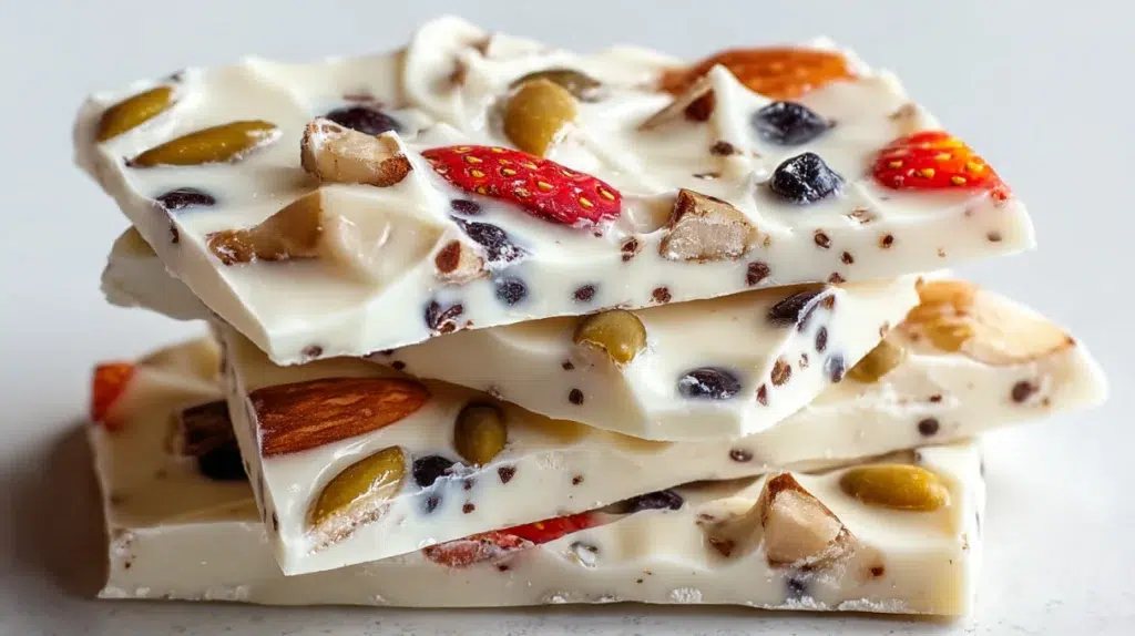 Frozen yogurt bark topped with fresh berries and crunchy granola pieces