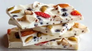 Frozen yogurt bark topped with fresh berries and crunchy granola pieces