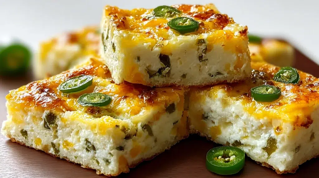 Jalapeño cheese squares baked with melted cheese and chopped jalapeños in a golden, savory crust