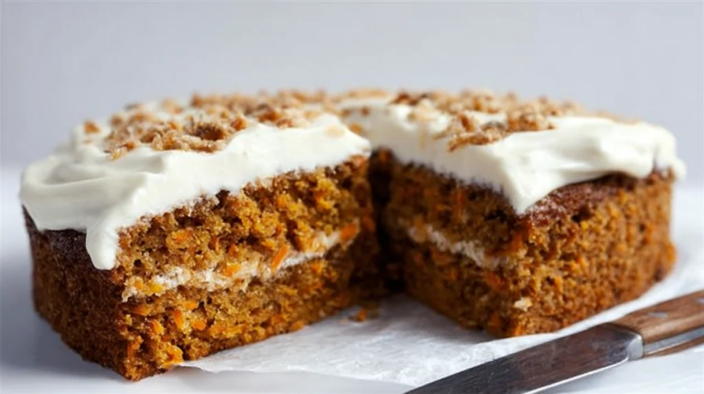 Moist sourdough discard carrot cake topped with creamy cream cheese frosting and chopped nuts