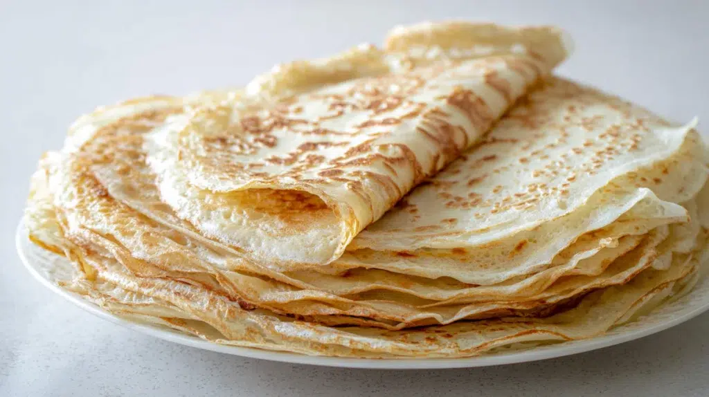 Thin sourdough discard crepes folded and served with fresh berries and powdered sugar