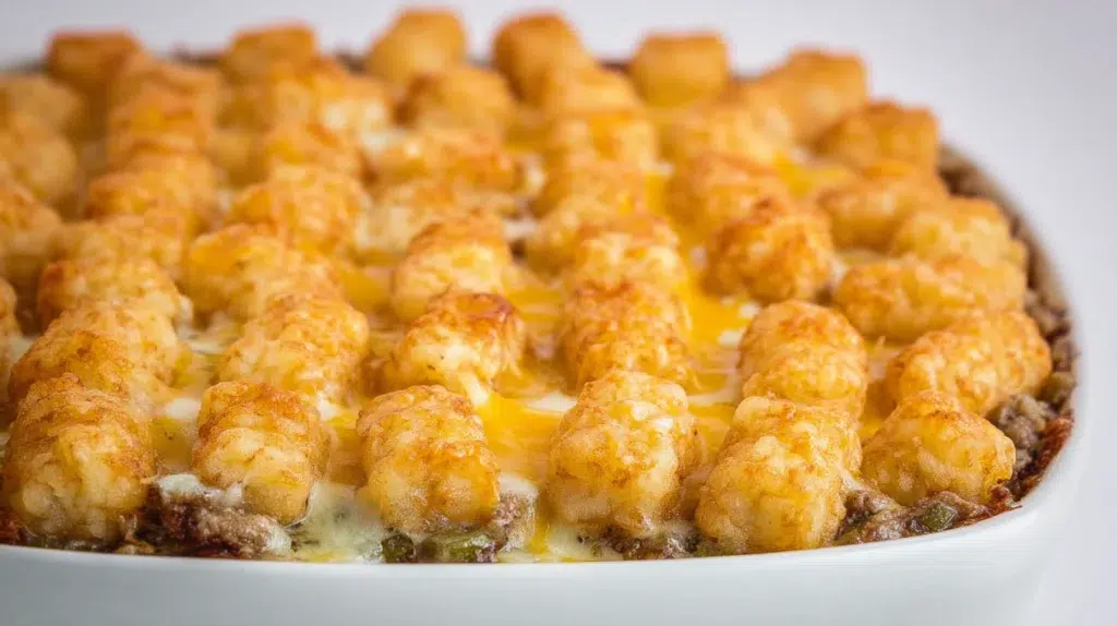 Tater Tot Casserole baked with seasoned ground beef, creamy sauce, melted cheese, and crispy golden tater tots on top