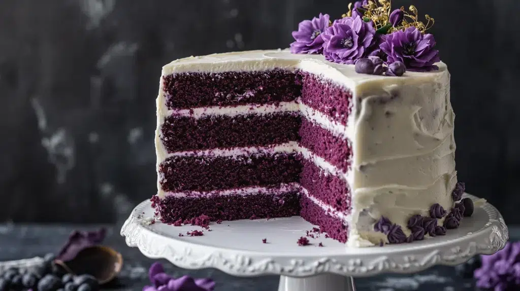 Royal Purple Velvet Cake with Creamy Vanilla Frosting